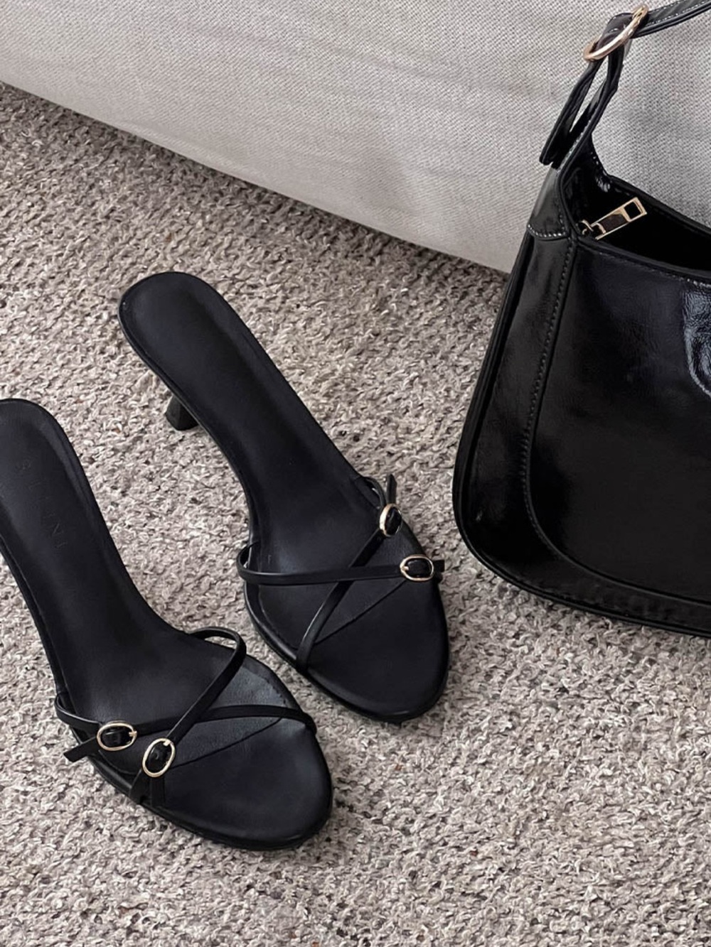 Billini Black Strappy Mule Heels with Gold Buckle